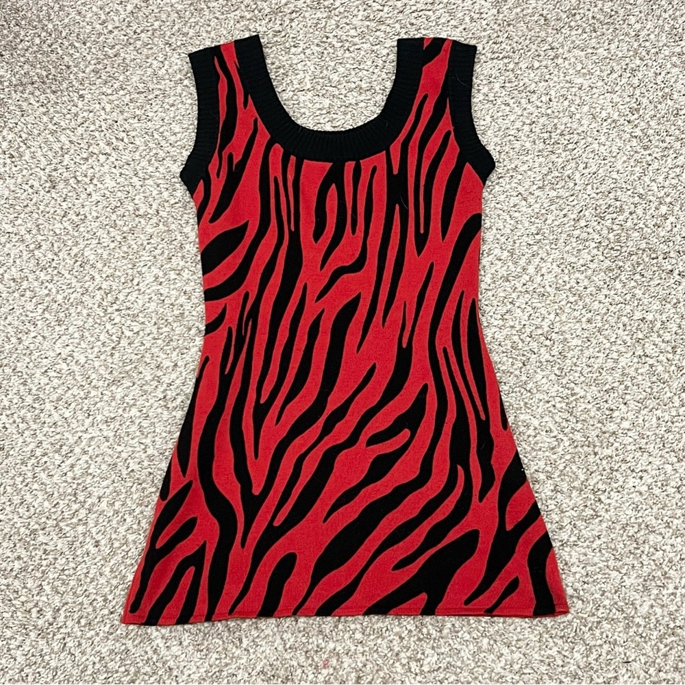 Vintage Y2K Mcbling red and black knit animal print zebra micro mini dress
